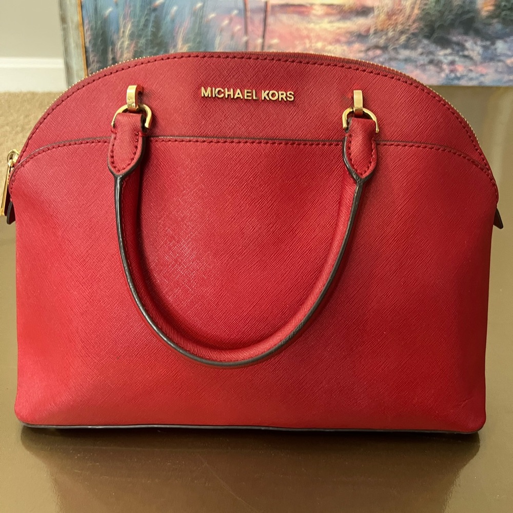 Michael Kors Cindy Medium Saffiano Leather Dome Satchel Bag - Chili Red